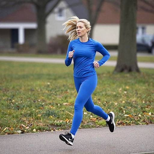 Woman Jogging in Blue Athletic Wear Outdoors