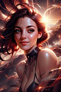 Fantasy Digital Portrait of Smiling Woman with Glowing Fiery Hair