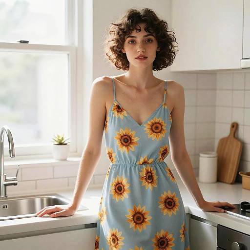 Young Woman in Sunflower Dress Standing in Bright Kitchen