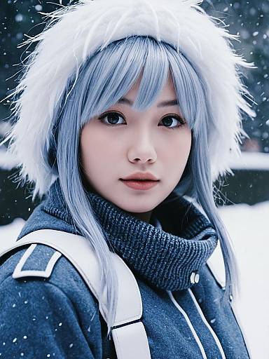 Woman in Uraraka Winter Costume Close-up with Blue Wig and White Fur Hat