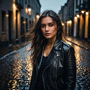 Confident Woman on Wet Cobblestone Street at Dusk