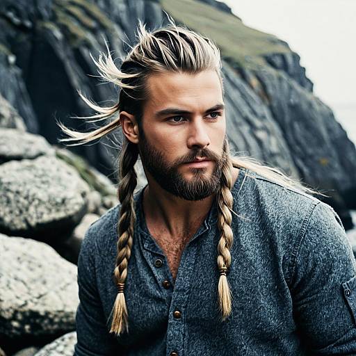 Portrait of Man with Blonde Braided Hair in Outdoor Rocky Coastal Setting