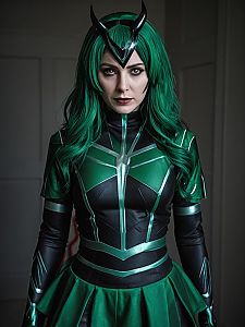 Powerful Woman in Green Black Costume with Metallic Accents Cosplay Portrait