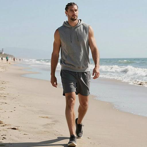 Man Walking on Beach in Gray Sleeveless Hoodie and Shorts