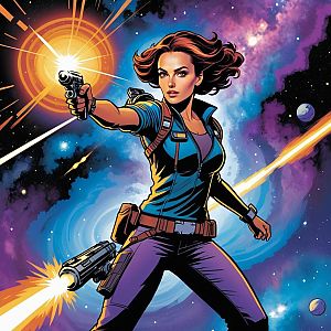 Confident Woman with Futuristic Guns in Cosmic Background