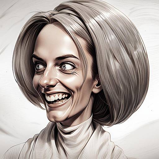 Stylized Digital Caricature of Woman with Exaggerated Smile and Voluminous Hair
