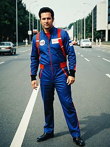 Man in Racing Jumpsuit on Urban Street