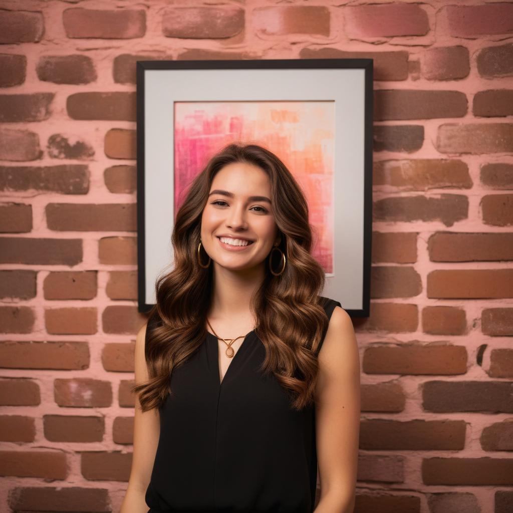 Smiling Young Woman with Wavy Hair in Front of Abstract Art and Brick Wall