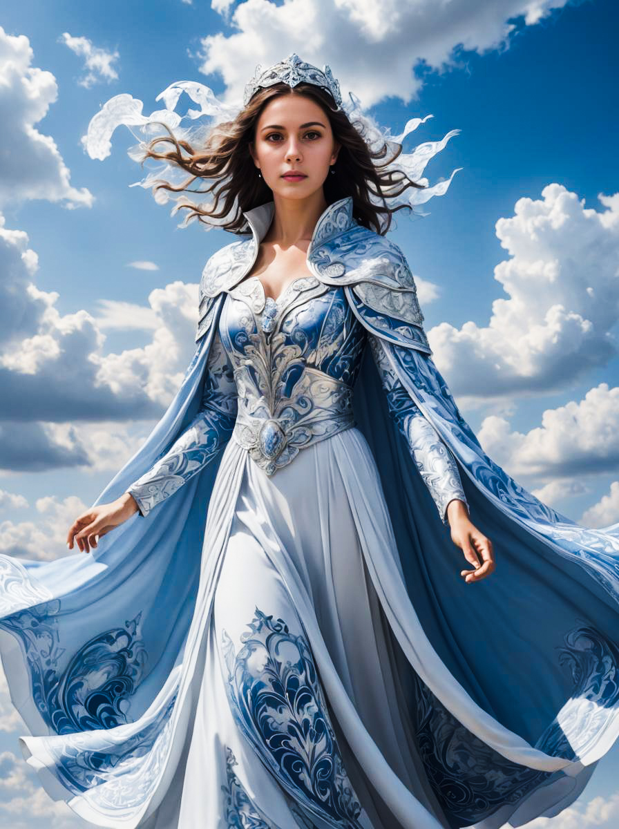 Stunning Woman in Blue and Silver Gown Against Dramatic Sky