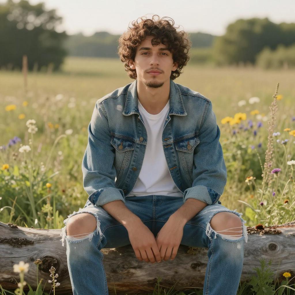 Young Man Sitting in Wildflower Field Wearing Denim - Gen Z Style