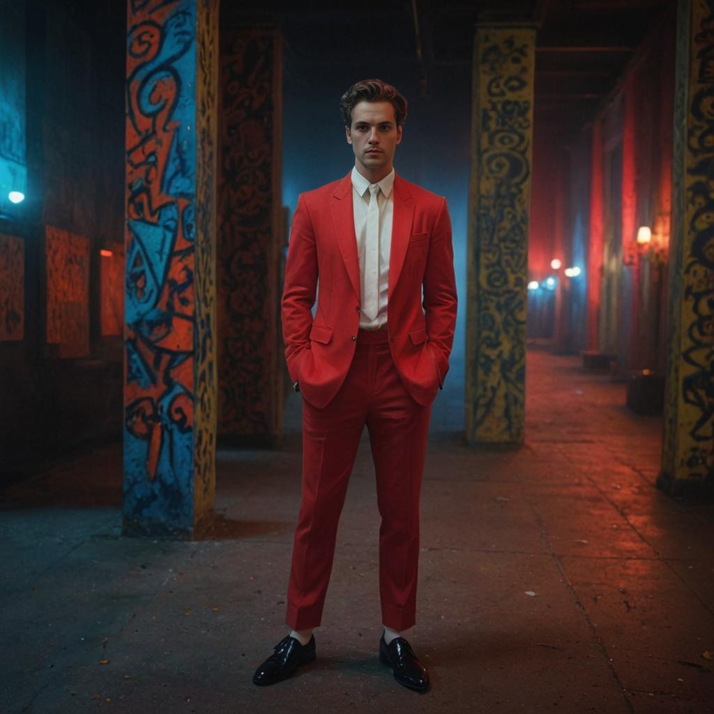 Stylish Man in Red Suit Amidst Urban Graffiti