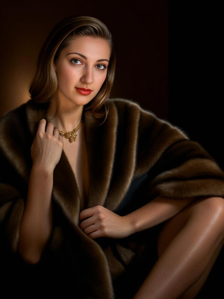 Elegant Woman in Luxurious Fur Shawl