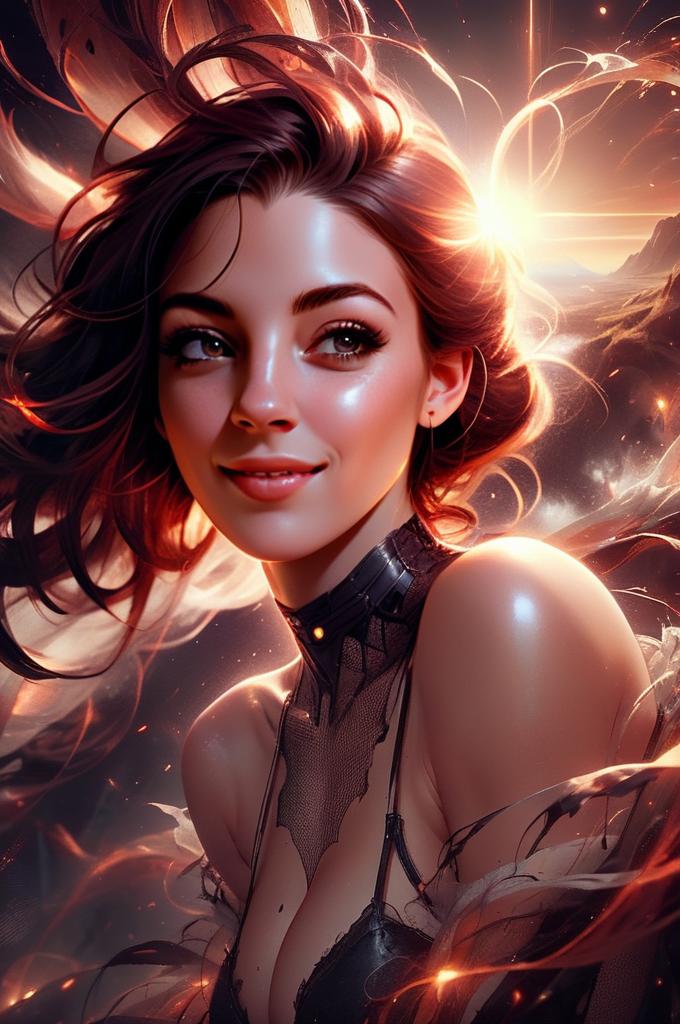 Fantasy Digital Portrait of Smiling Woman with Glowing Fiery Hair