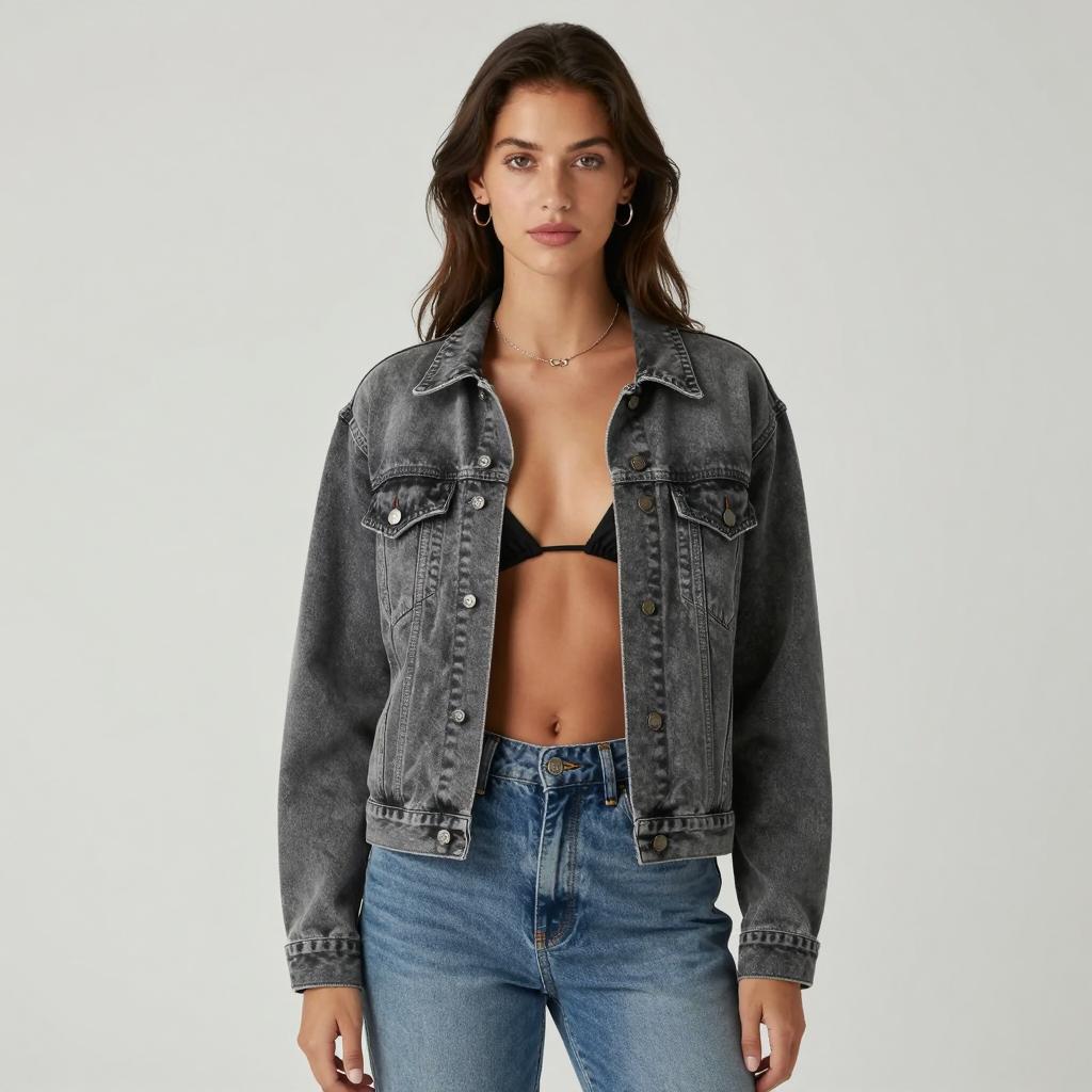 Gen Z Fashion Woman Wearing Washed Black Denim Jacket and Bikini Top