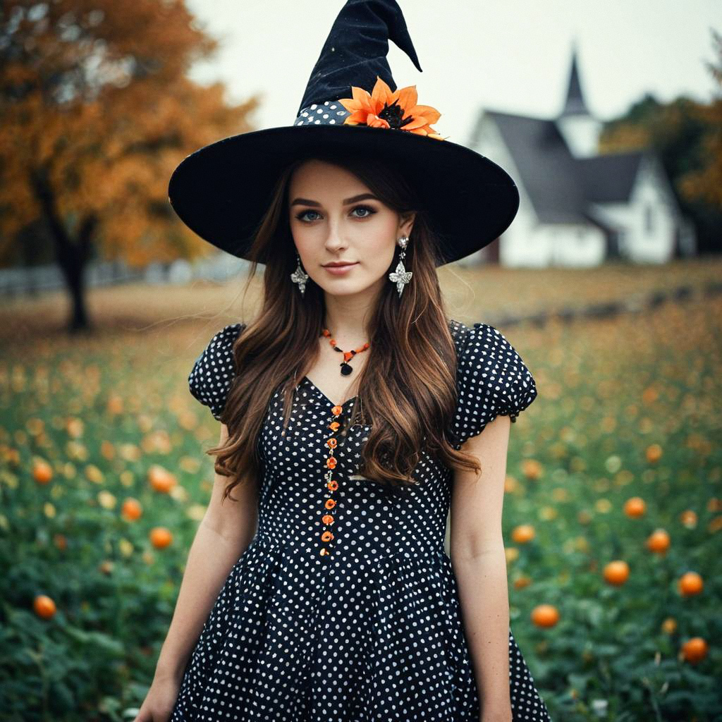 Young woman in vintage polka dot dress and witch hat in pumpkin field