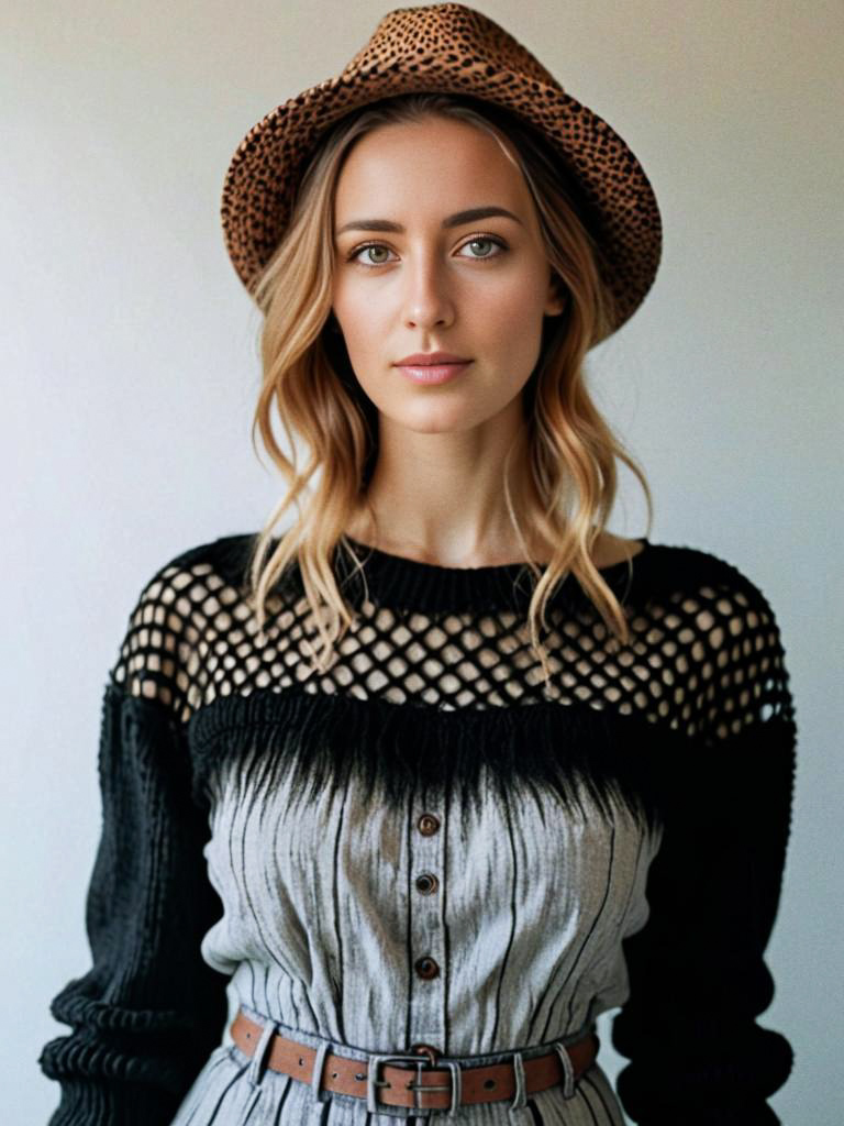 Stylish Woman in Mesh-Knit Top and Leopard-Print Hat