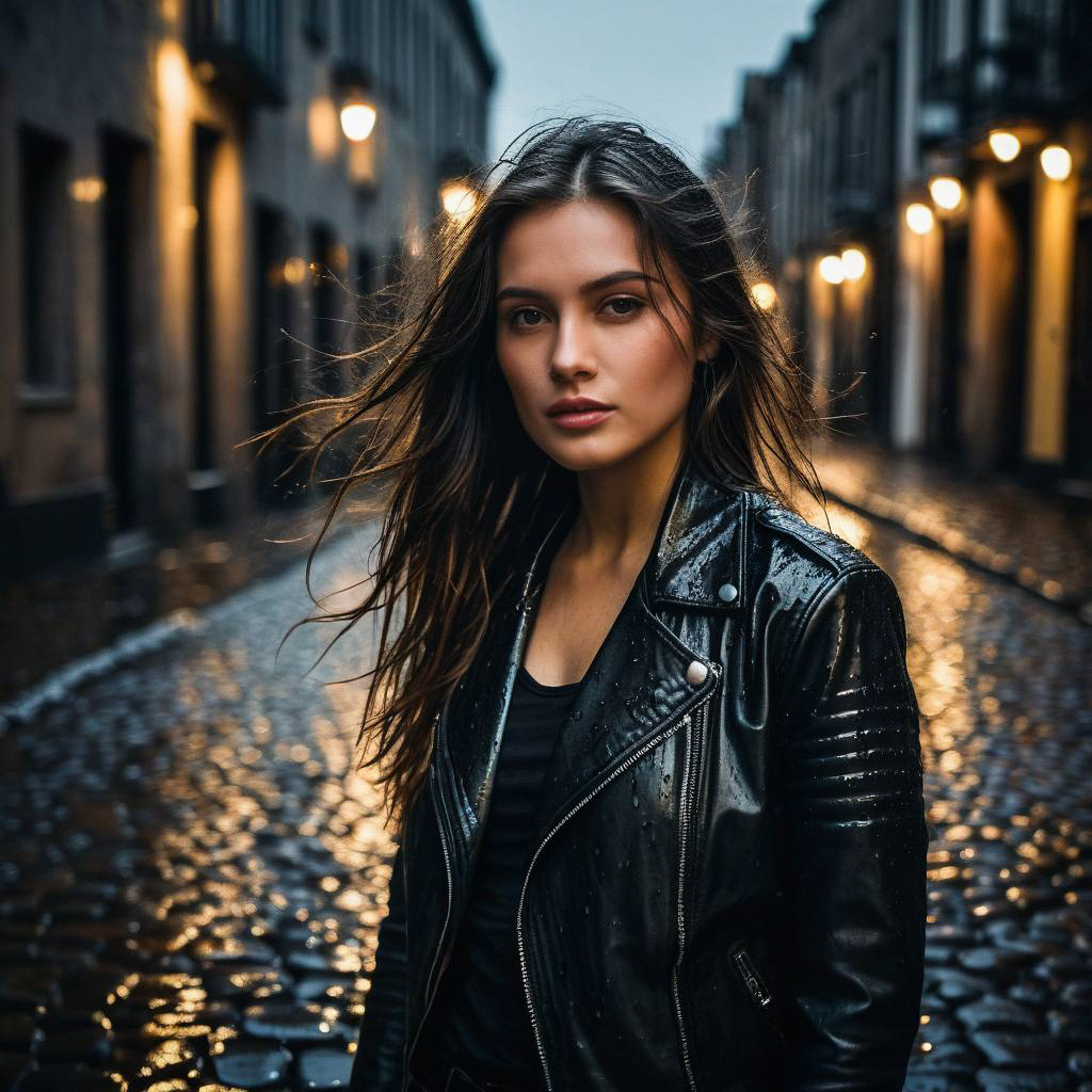 Confident Woman on Wet Cobblestone Street at Dusk