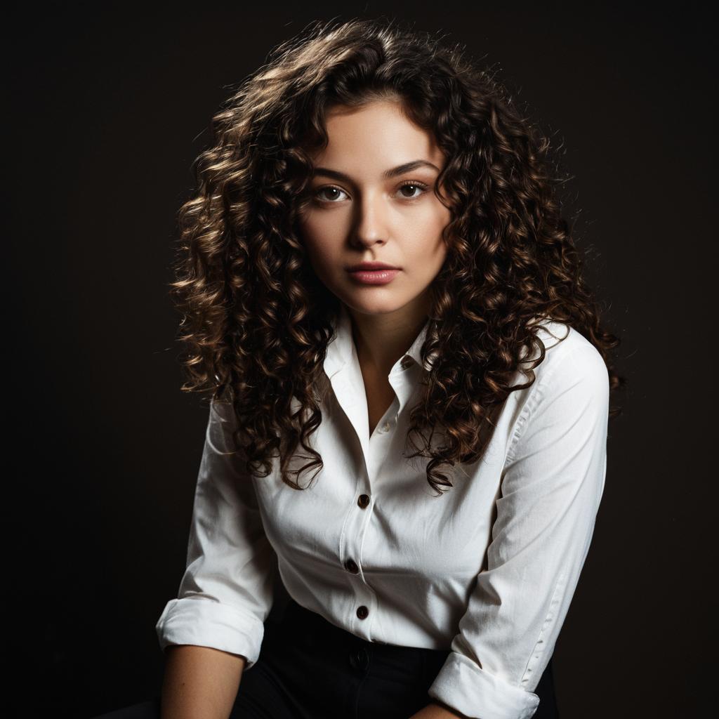 Portrait of Woman with Curly Hair in White Shirt on Dark Background Portrait of Woman with Curly Hair in White Shirt on Dark Background