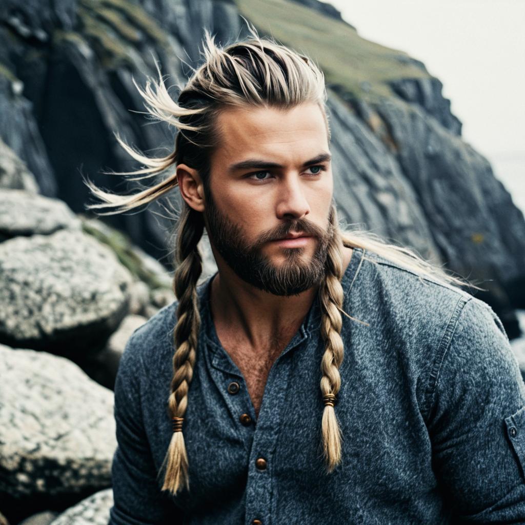 Portrait of Man with Blonde Braided Hair in Outdoor Rocky Coastal Setting
