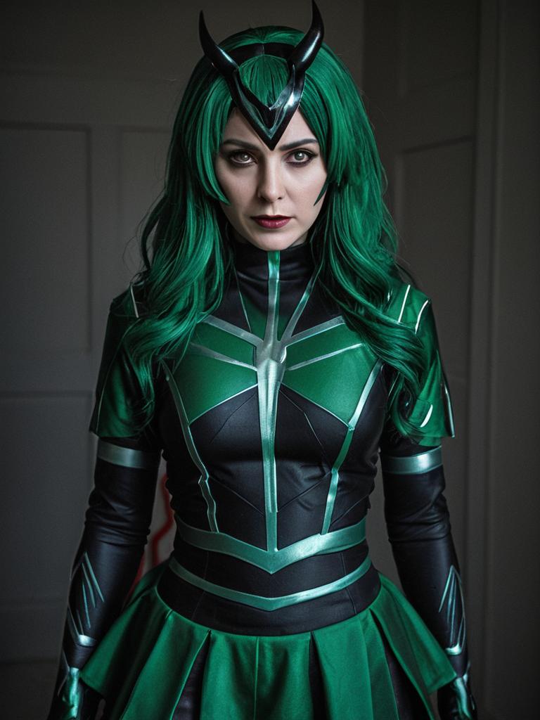 Powerful Woman in Green Black Costume with Metallic Accents Cosplay Portrait