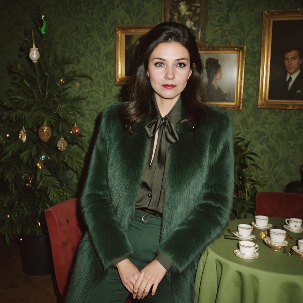 Elegant Woman in Green Fur Coat in Vintage Room