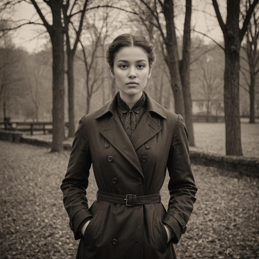 Contemplative Woman in Noir Trench Coat in Serene Park