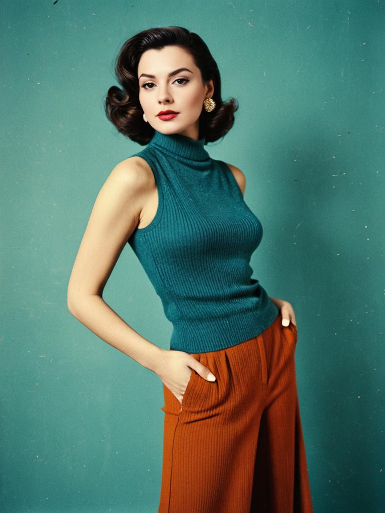 Stylish Woman in Retro Teal Turtleneck and Burnt Orange Pants