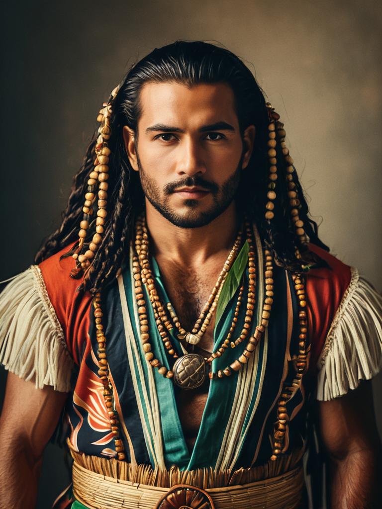 Man in Maui Costume Waist Up Editorial Portrait Photorealistic
