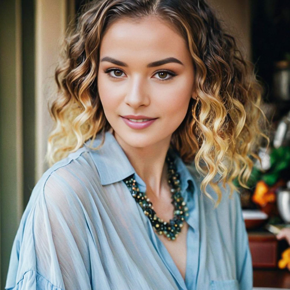 Young Woman with Wavy Hair and Natural Makeup