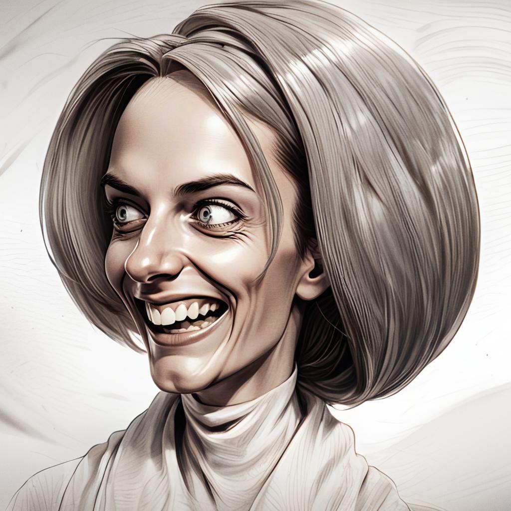 Stylized Digital Caricature of Woman with Exaggerated Smile and Voluminous Hair