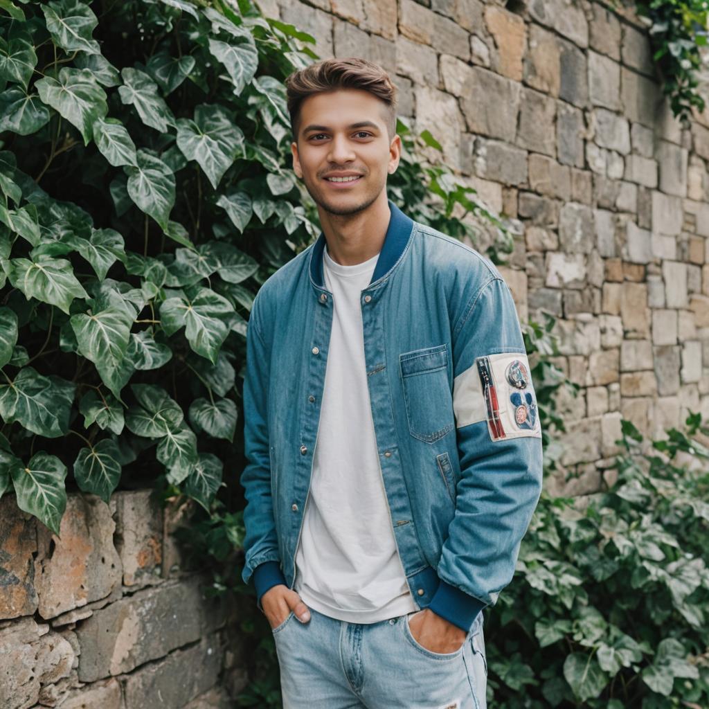 Confident Man in Blue Jacket with Ivy Background