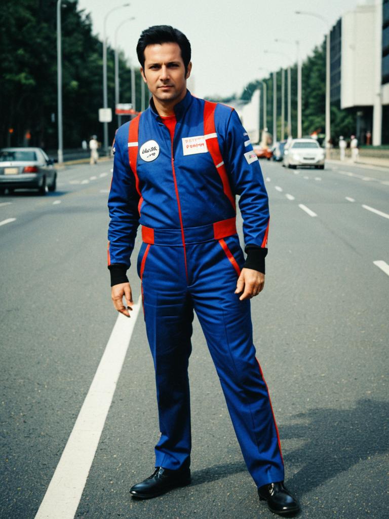 Man in Racing Jumpsuit on Urban Street