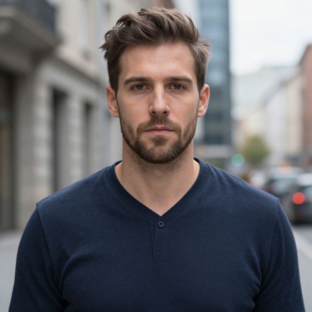 Portrait of Young Man in Blue Henley Shirt on City Street