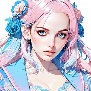 Anime Portrait of Young Woman with Blue Eyes and Pink Hair