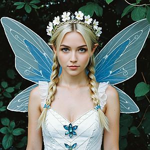 Young Woman in Fairy Costume with Blue Wings