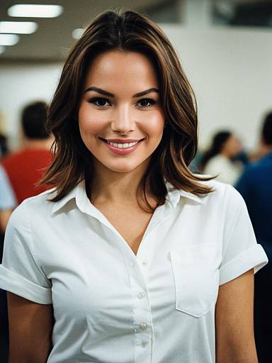 Smiling Woman in White Shirt with Blurry Office Background
