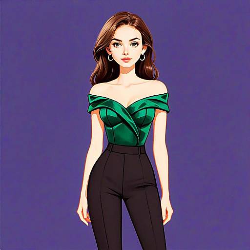 Chic Woman in Elegant Off-Shoulder Green Top and Black Pants Digital Illustration
