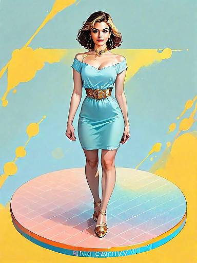 Realistic Comic Style Illustration of Stylish Woman in Blue Dress Full Body