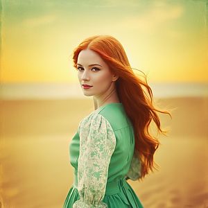 Red-Haired Woman in Vintage Green Dress with Flowing Hair Outdoors
