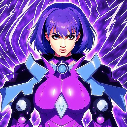 Futuristic Anime Woman with Purple Hair in Electric Armor