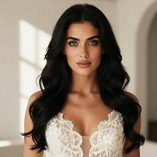 Young Woman with Blue Eyes Wearing White Lace Top in Natural Light