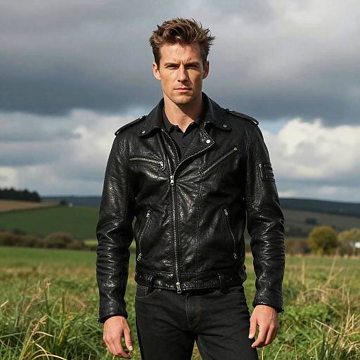 Young Man in Black Leather Jacket Outdoors Fashion Portrait