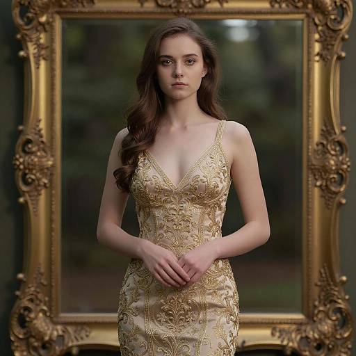 Elegant Woman in Embroidered Dress Posed by Ornate Gold Mirror