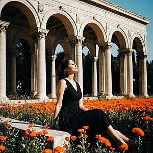 Woman in Black Dress Among Orange Poppies