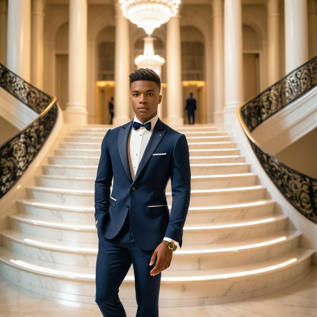 Elegant Man in Navy Suit on Grand Staircase