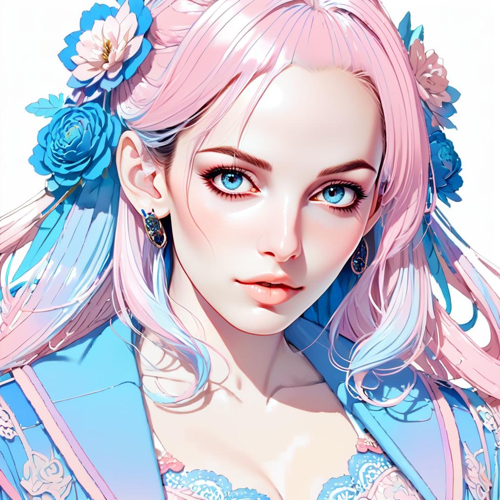 Anime Portrait of Young Woman with Blue Eyes and Pink Hair