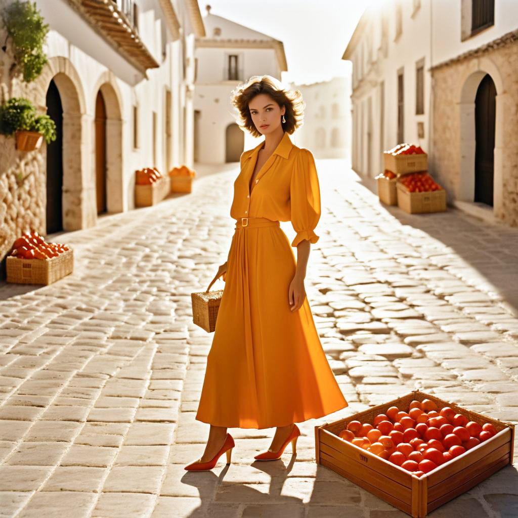 Stylish Woman in Yellow Dress on Cobblestone Street