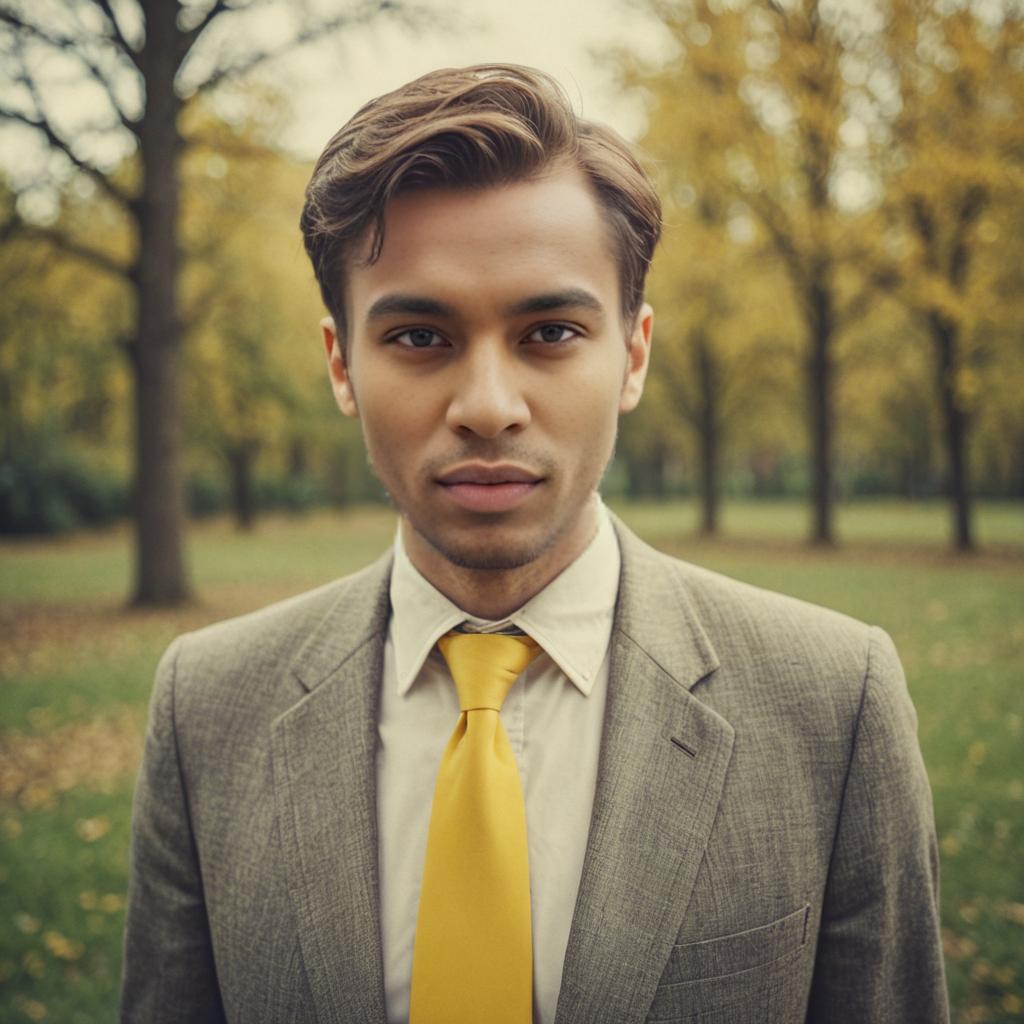 Man in Grey Suit with Yellow Tie Against Autumn Trees