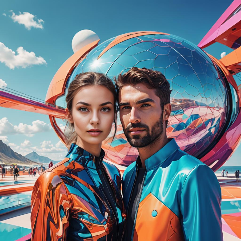 Stylish duo in front of futuristic structure