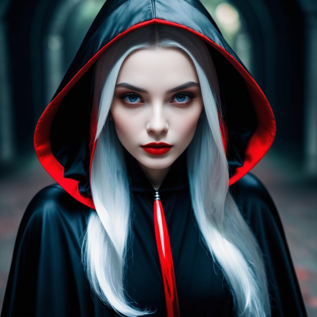 Mysterious Woman in Dark Cloak with White Hair